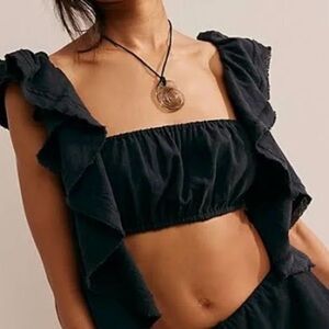 NWT FREE PEOPLE Black Make Waves Cotton Bell Sleeves Cropped Tube Shirt Large